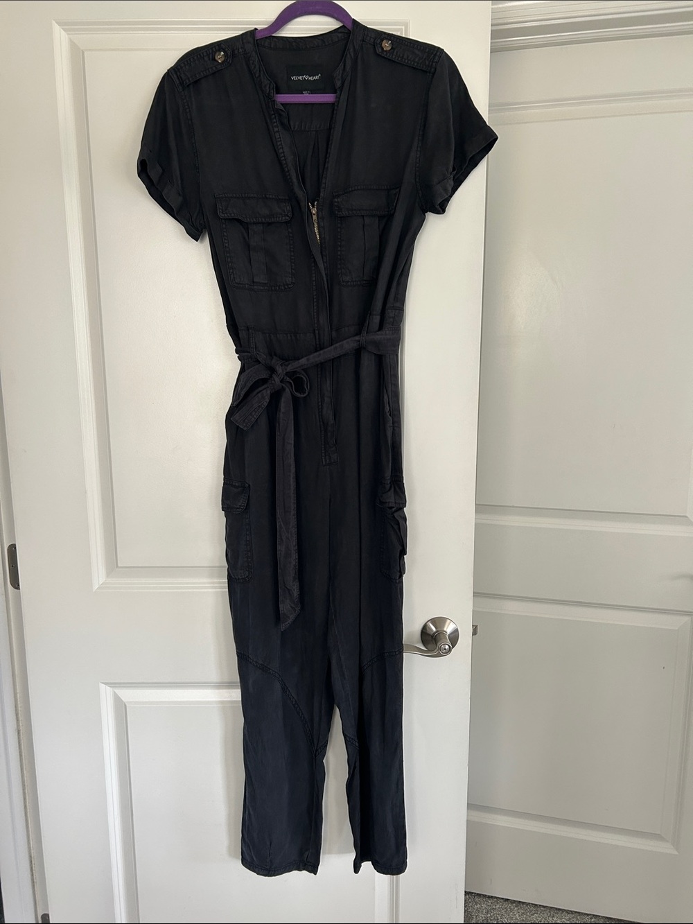 Velvet Heart Black Short-Sleeve Utility Jumpsuit with Tie Waist